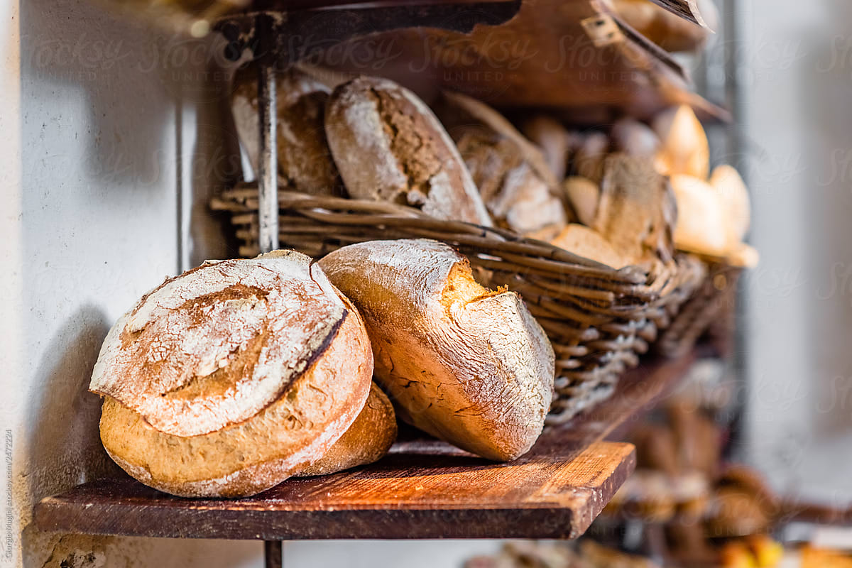 Shelves with Fresh Bread in a Bakery