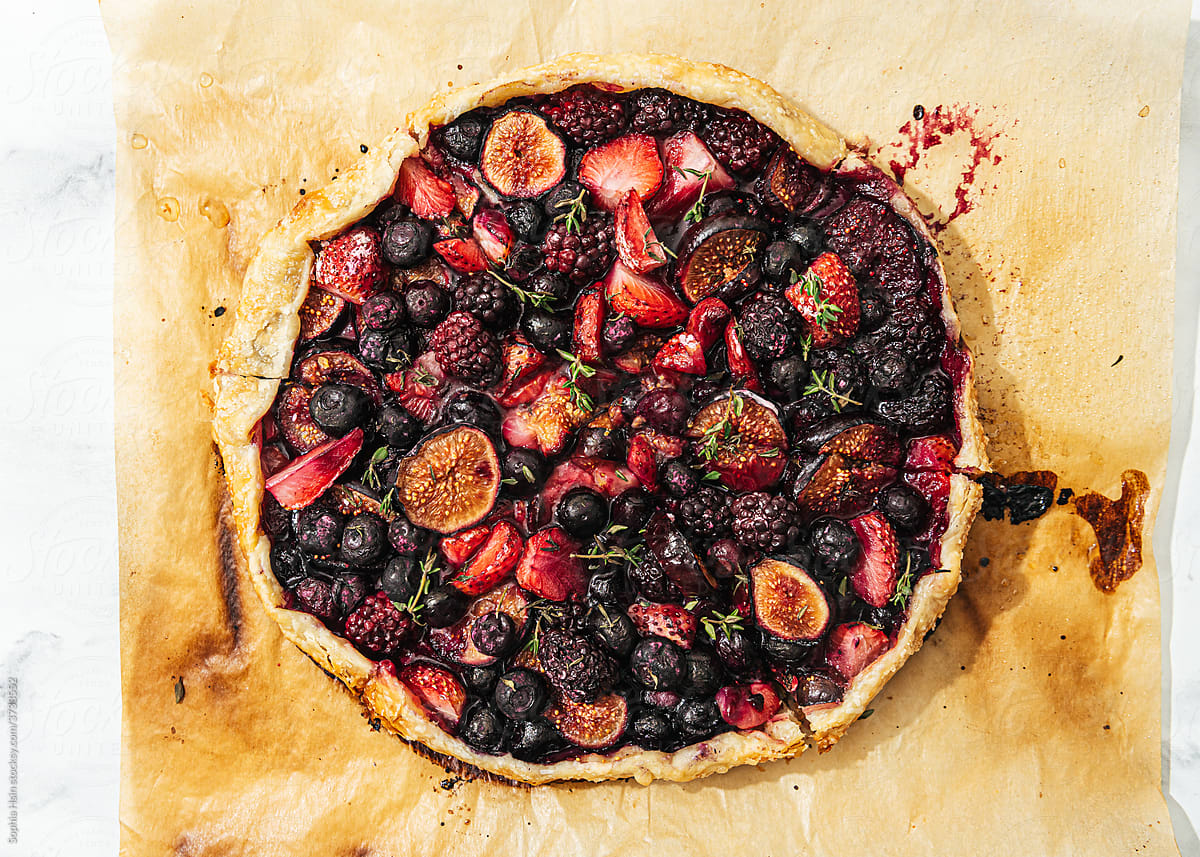 Close up of freshly baked berry galette