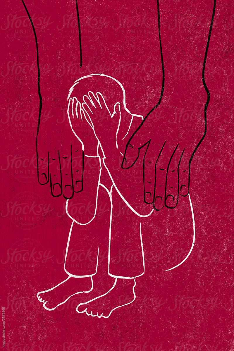 Desperate child and evil hands illustration