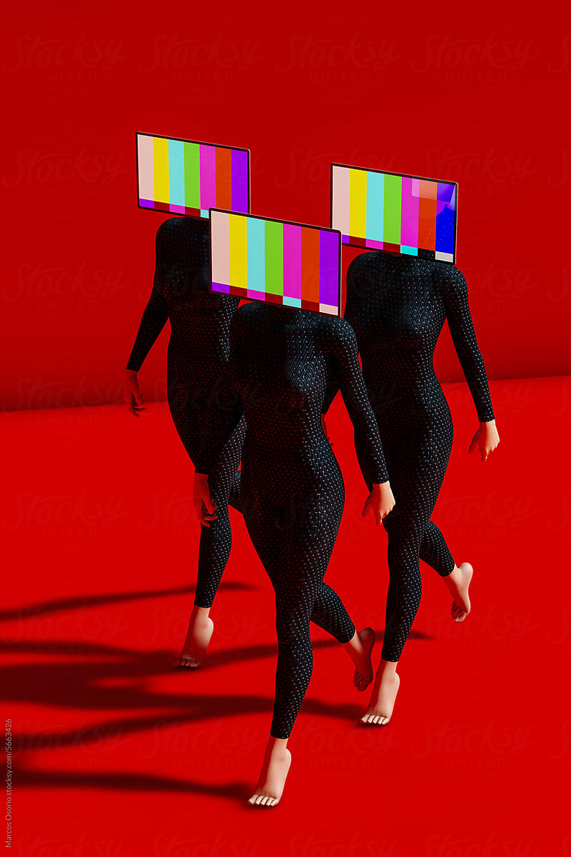 A group of women with a television on her head