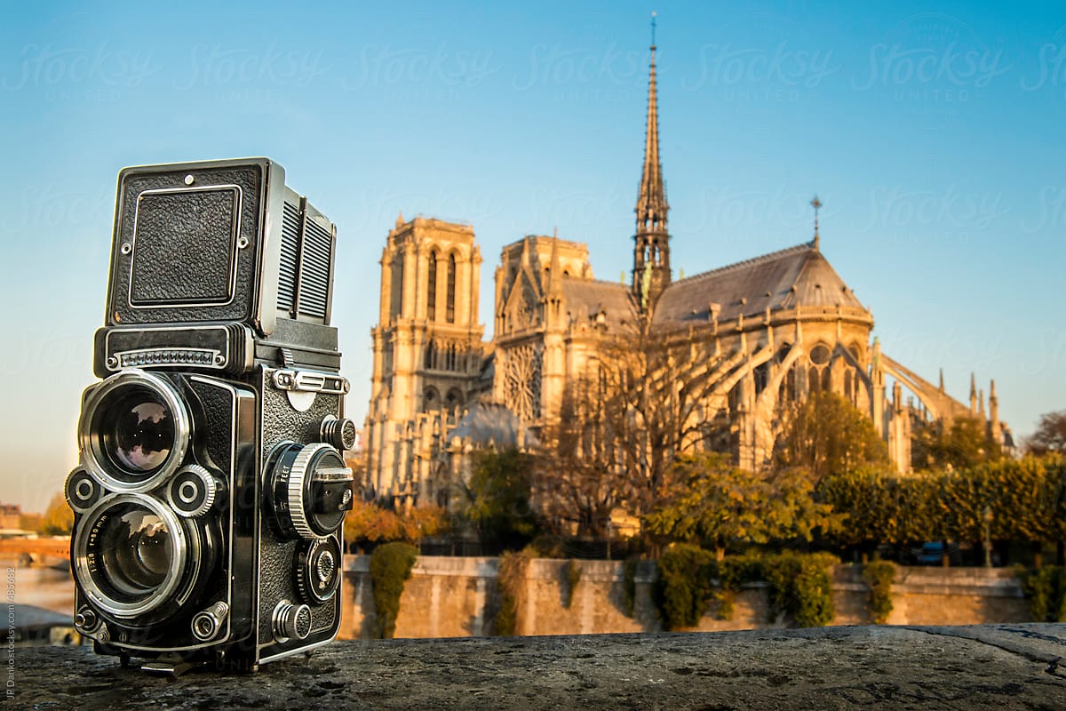 Vintage Film Medium Format Camera with Notre Dame de Paris