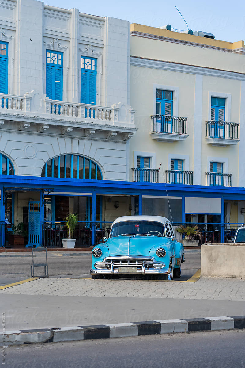 Vintage Blue Car Parked In La Havana.