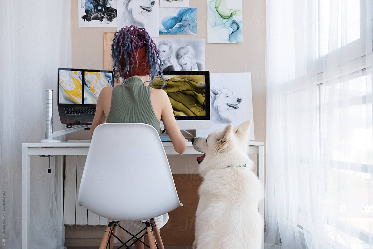 Unrecognizable female drawing on computer near dog
