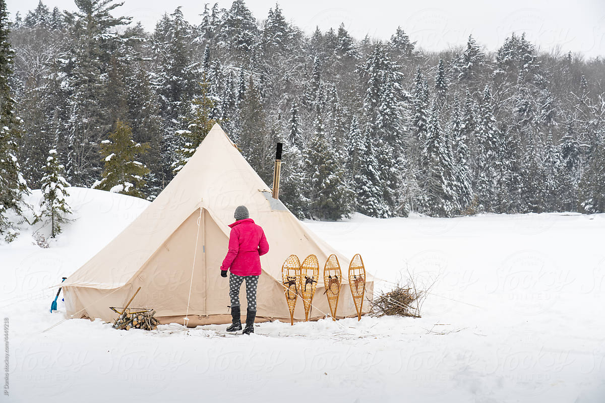 Canvas Tent on Winter Wilderness Campsite Landscape