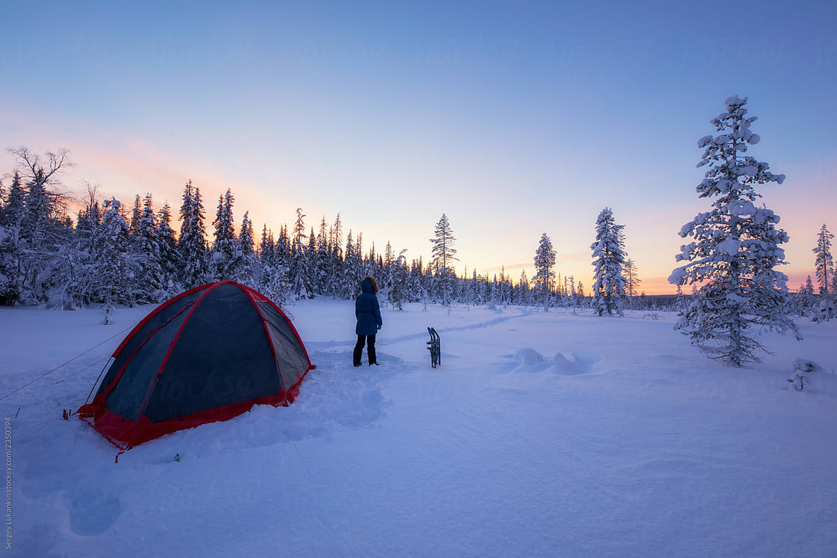 Winter landscape with tent and forest