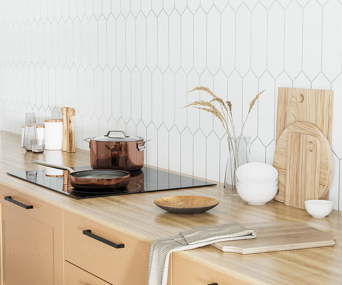 Kitchen Utensils With Stove On Wooden Countertop And White Tiled