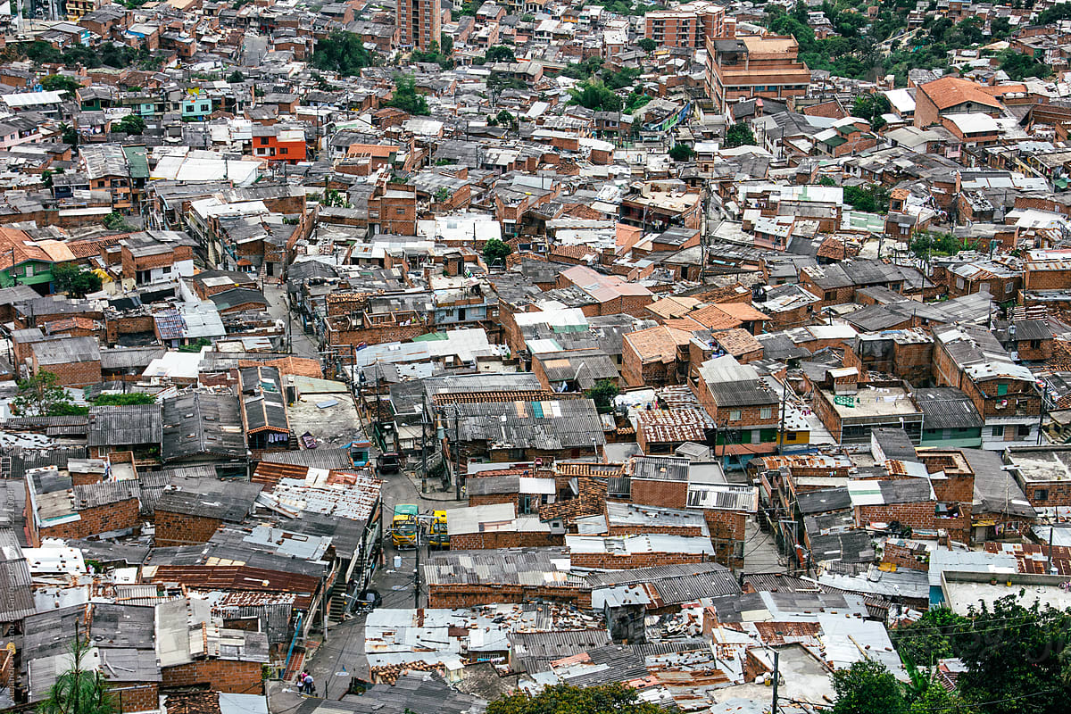 Poor and old houses and buildings city pattern. Slums in Medellin, Colombia