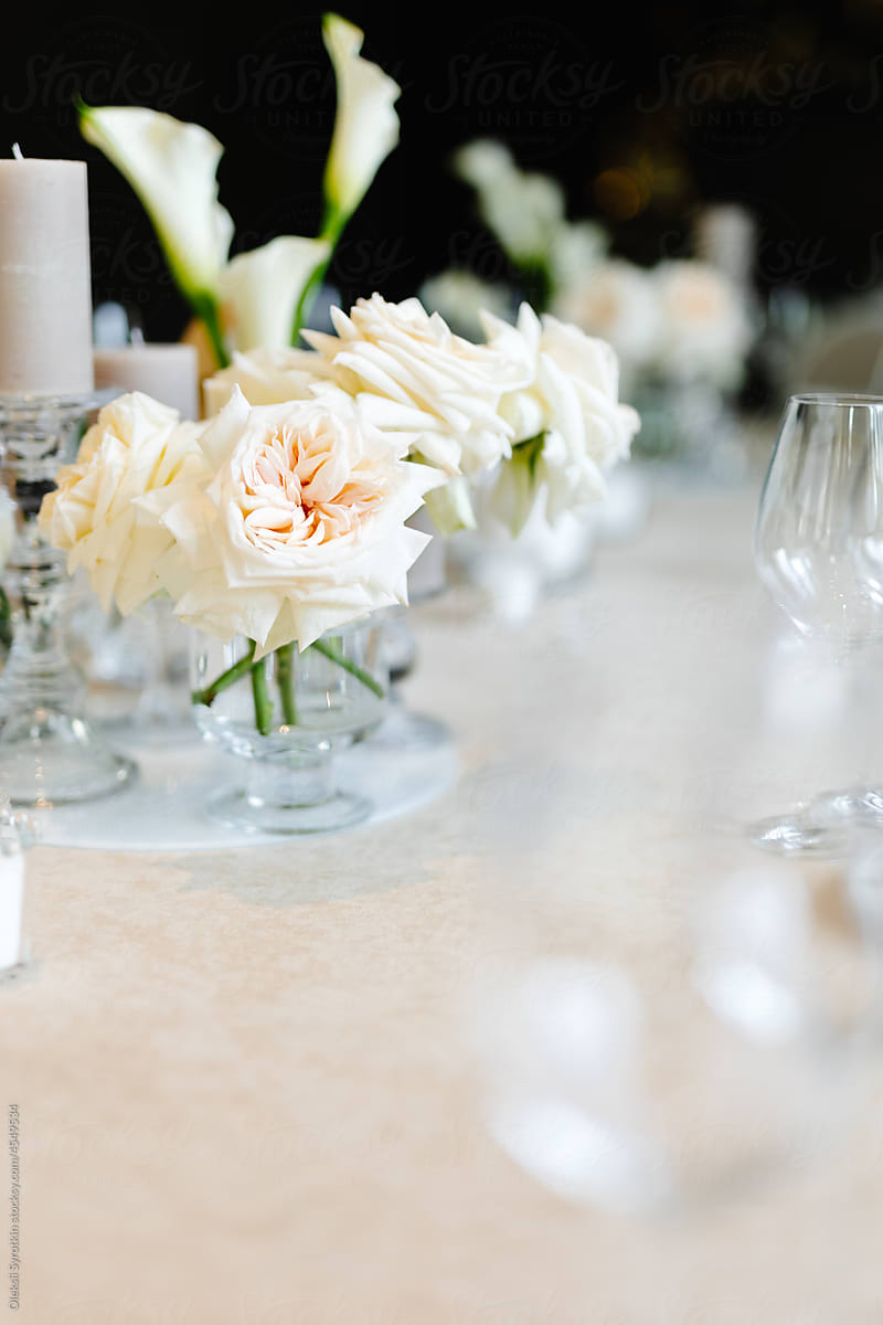 Bridal reception. Floral arrangement. Candle decor. Celebration