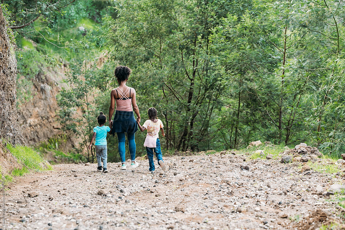 Back view of black family group walking on path in woods with children