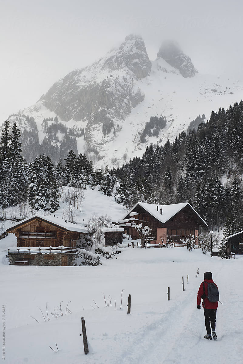 Cozy chalets in Swiss Alps in winter