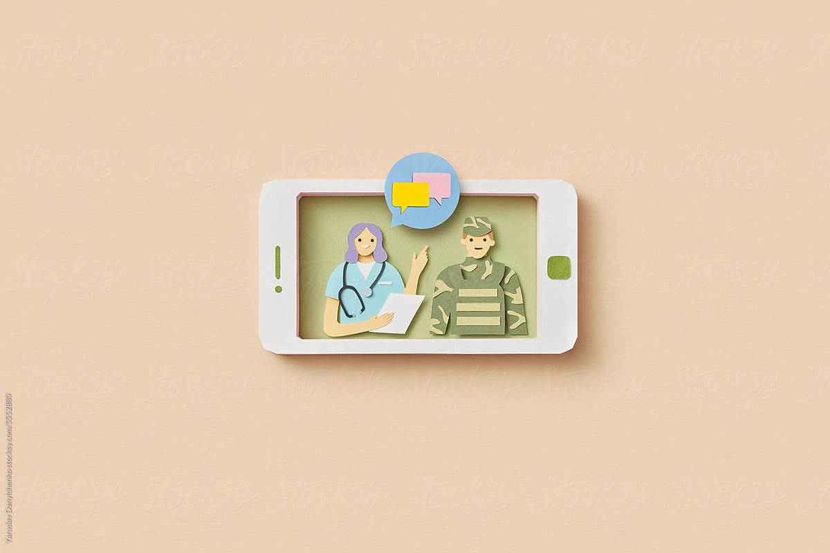 Paper soldier and doctor on smartphone display.