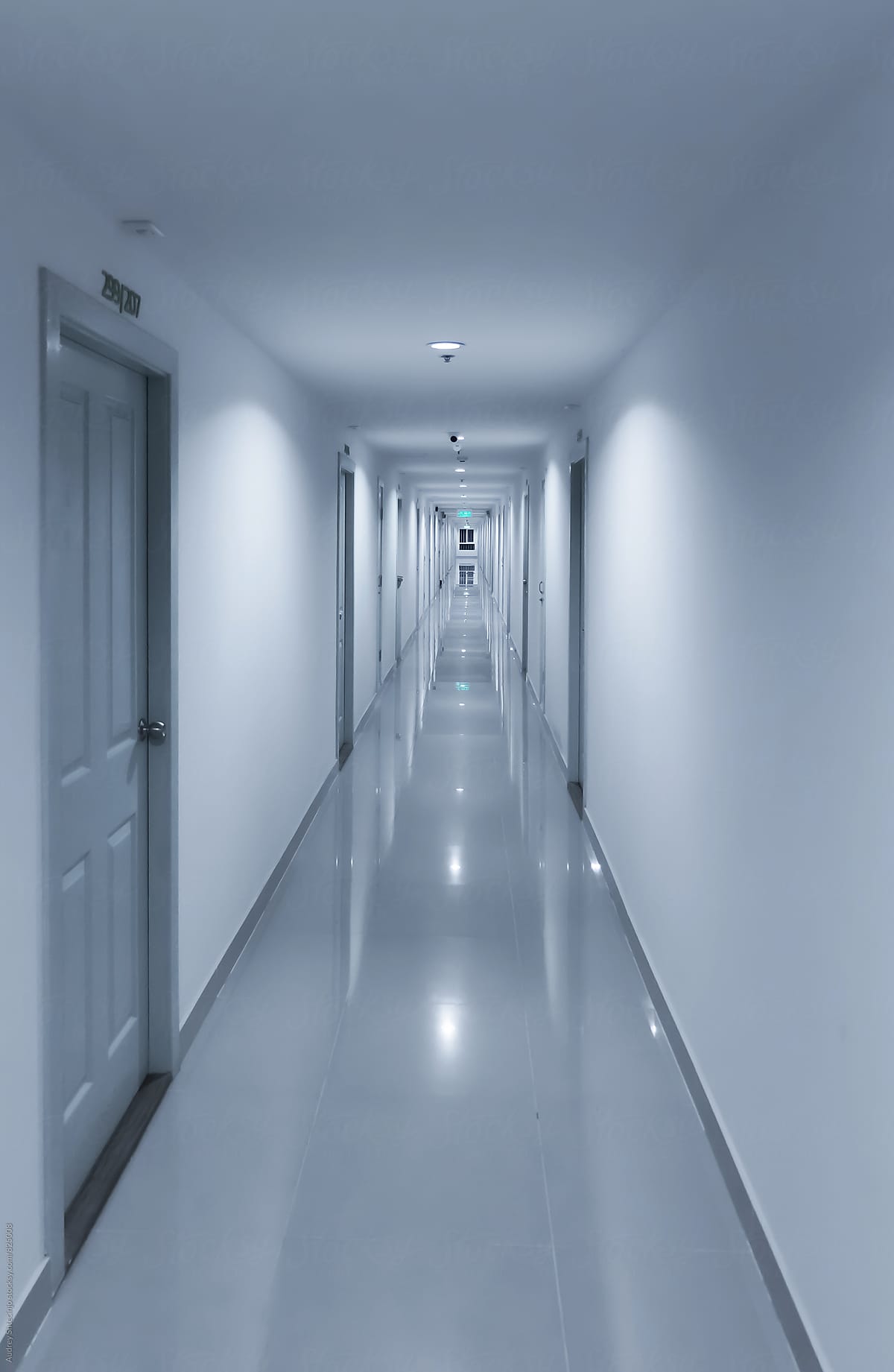 White corridor in perspective with doors on both sides.