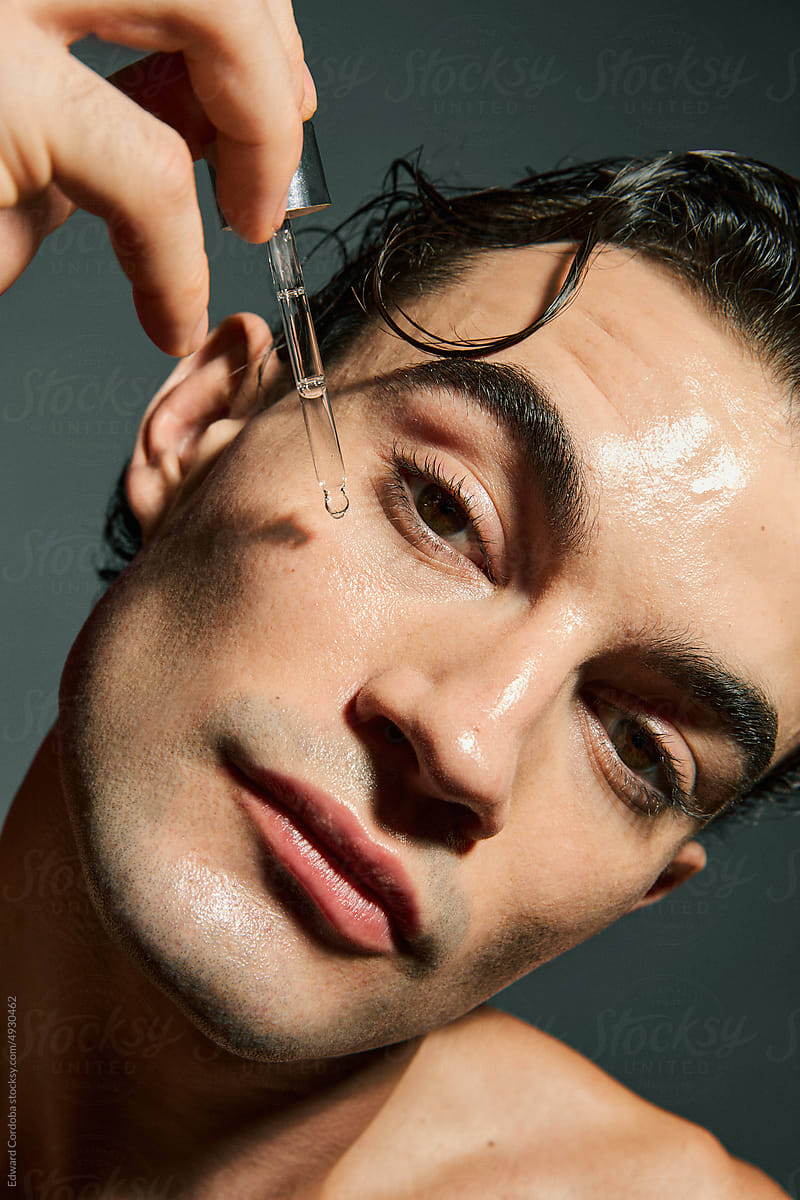 Serum Dripping On Male Face, Male Skincare