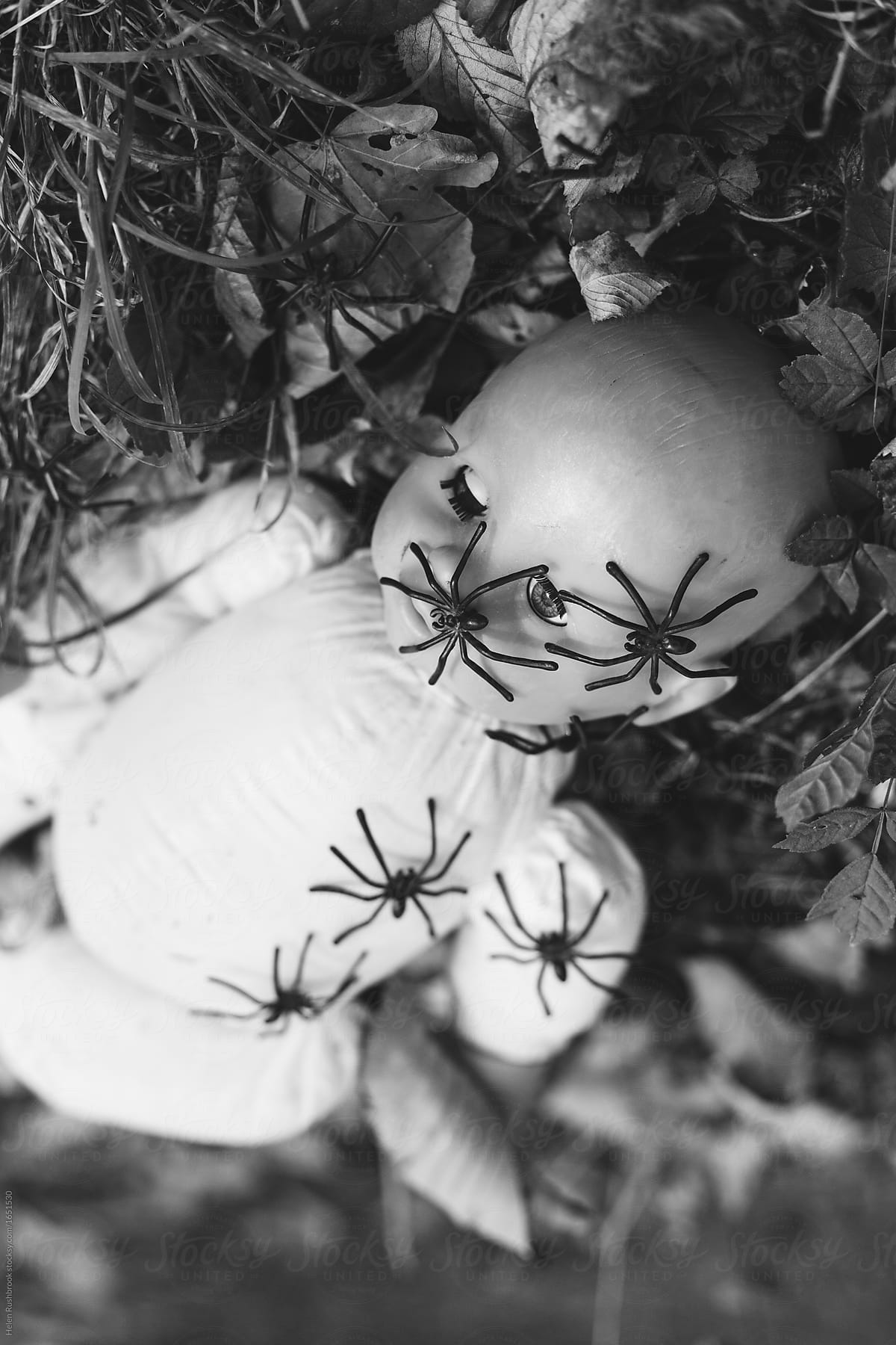 Black and white image of an abandoned child\'s doll, with spiders on its face.