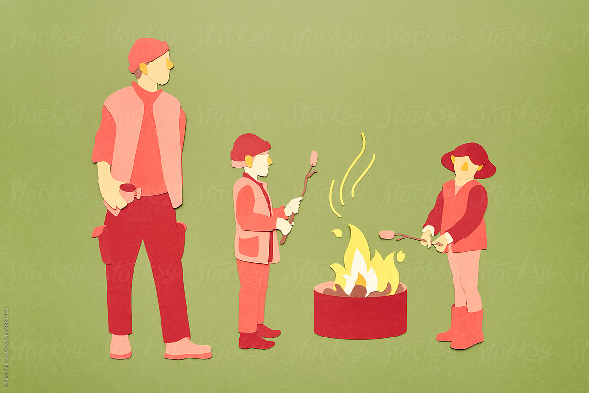 Cartoon father and kids with marshmallow near campfire