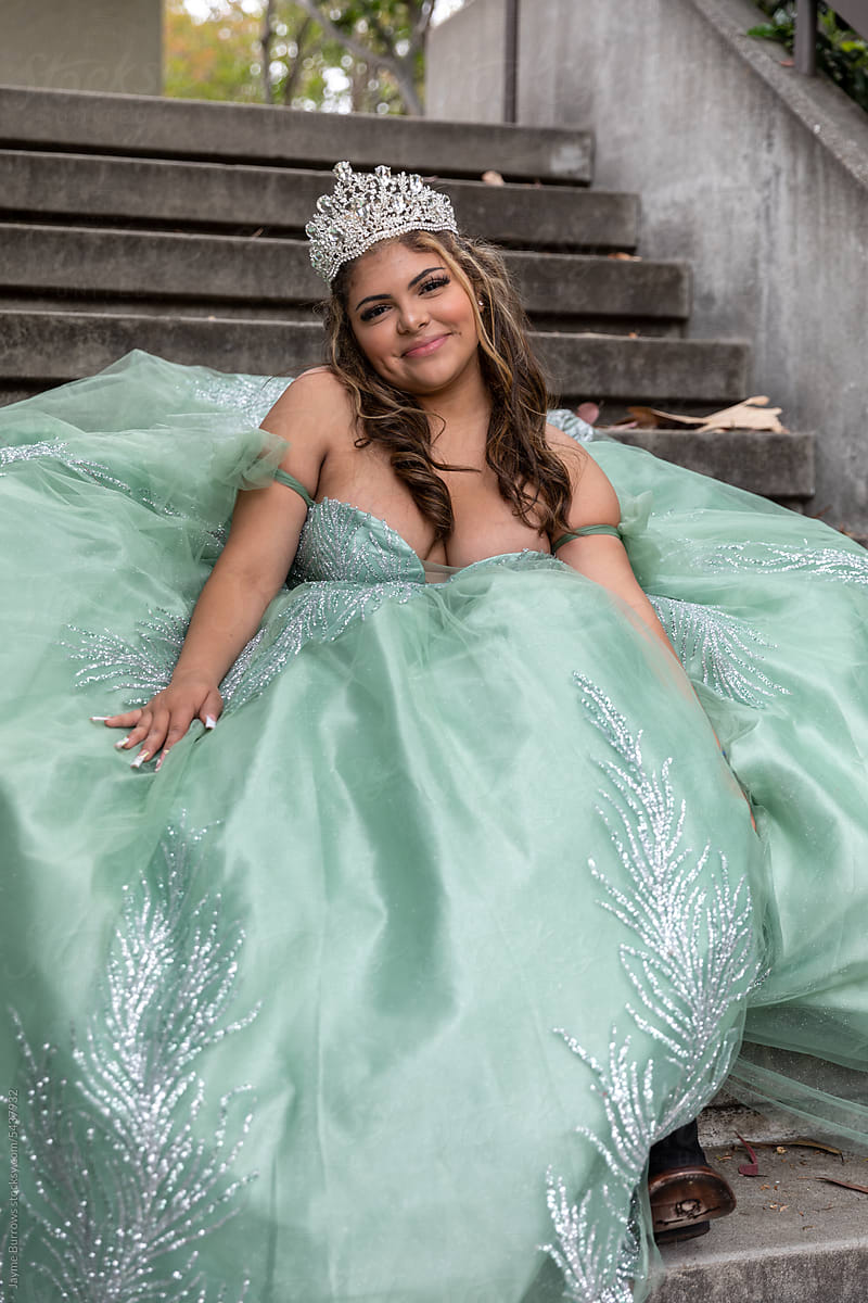 Teenager Dressed in Quinceanera Gown Outdoors