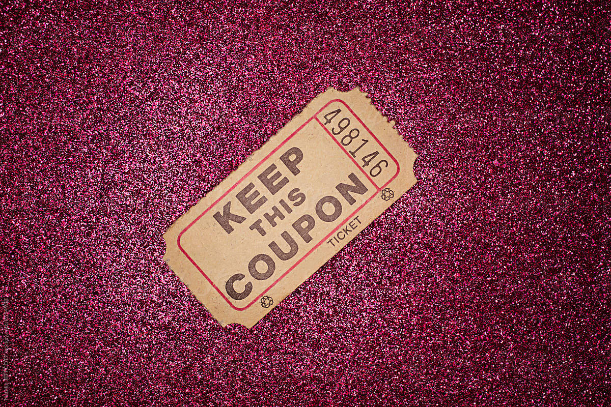 Vintage Keep This Coupon paper ticket on pink glitter background