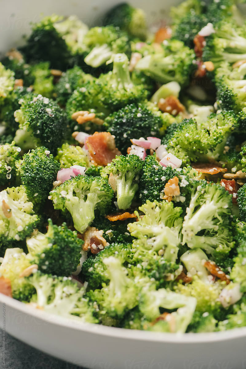 Closeup of a bacon broccoli salad