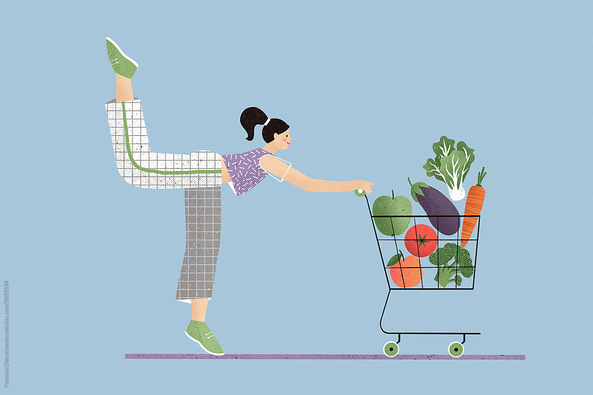 Vegan woman lifting leg back while carrying cart with vegetables