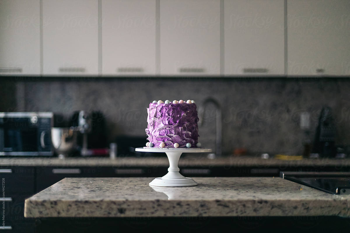 birthday meringue cake in a modern kitchen