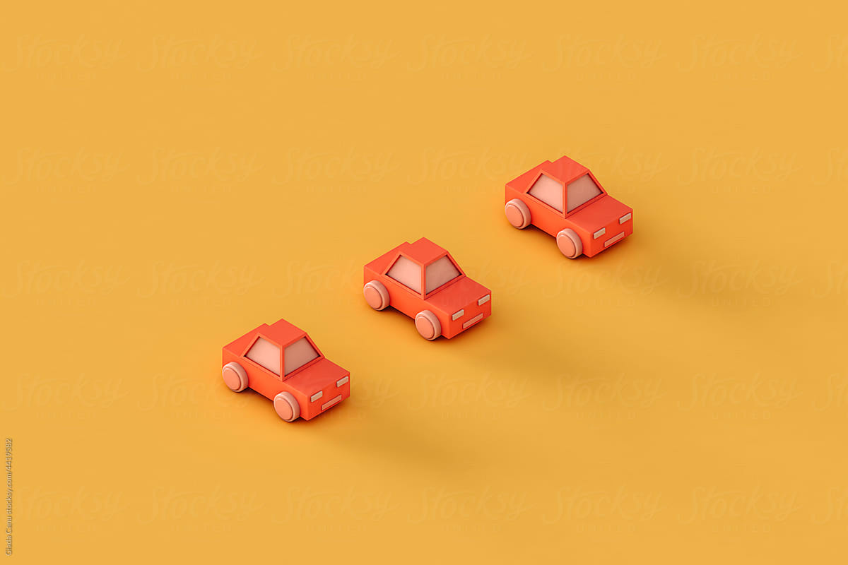 three Pink toy car on a yellow background. 3d render
