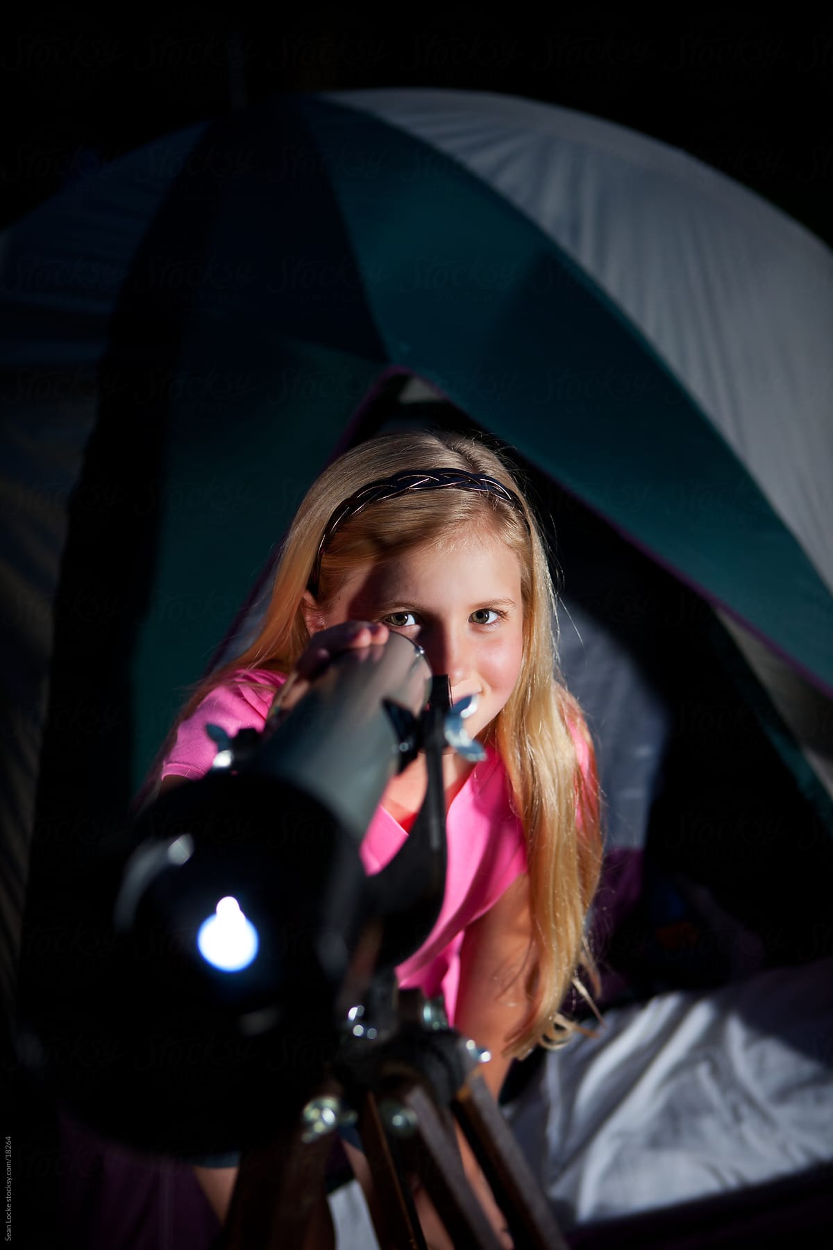 Camping: Girl Uses Telescope in Backyard