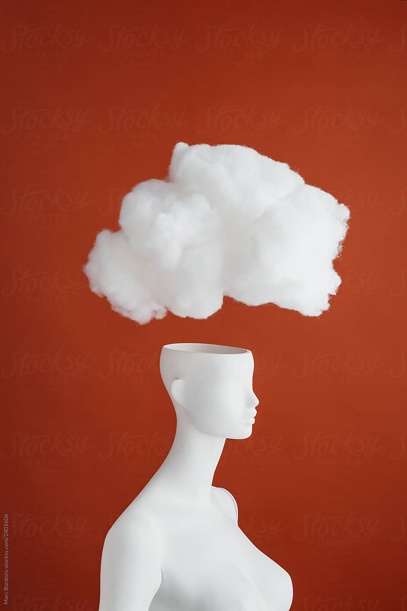 Big white cloud over a mannequin’s open head.