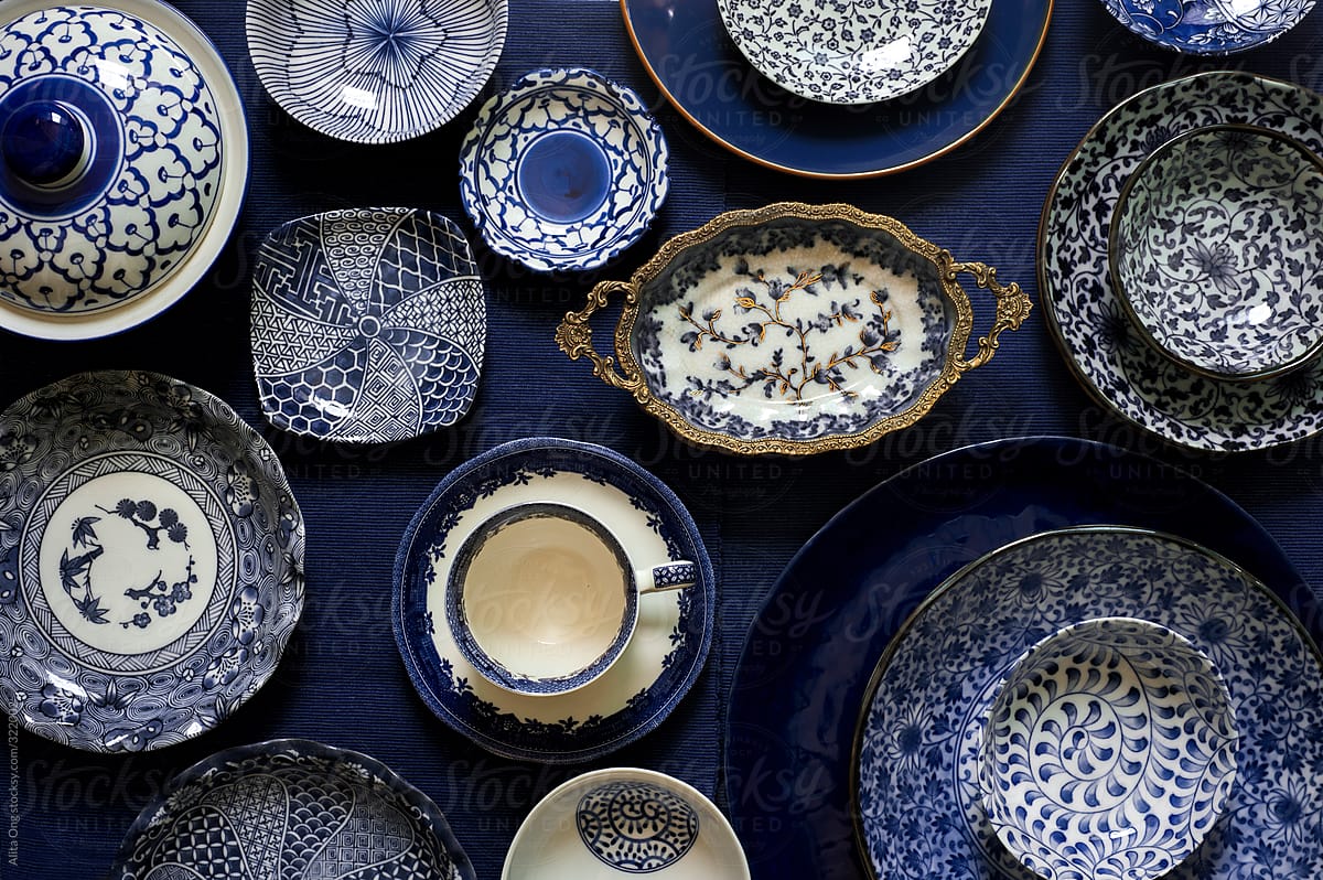 Assorted blue and white porcelain