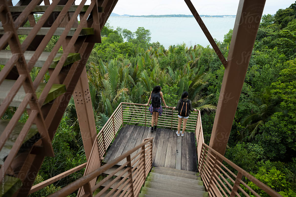 Two female friends on a platform hiking up a sightseeing tower in Singapore, Pulau Ubin.