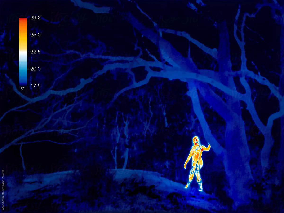Humanoid nude body warms ecology, thermogram, anthropogenic climate change