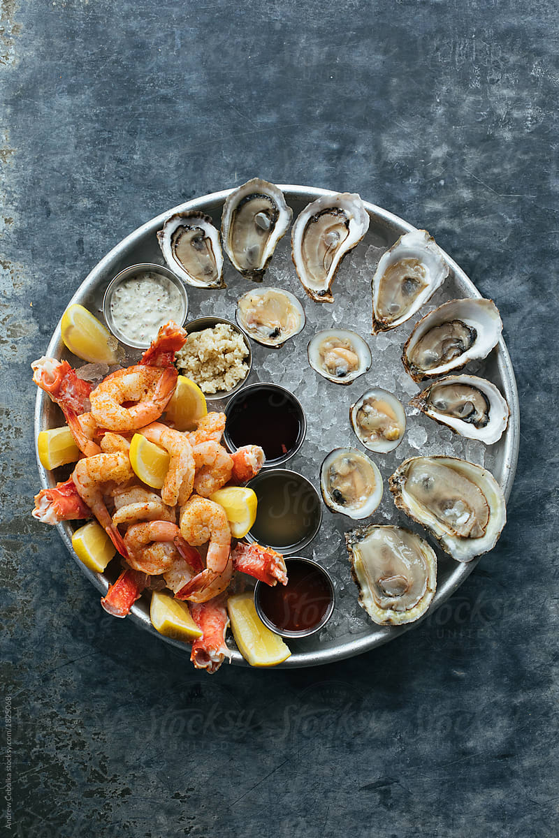 Platter of shrimp, oysters, and mussels