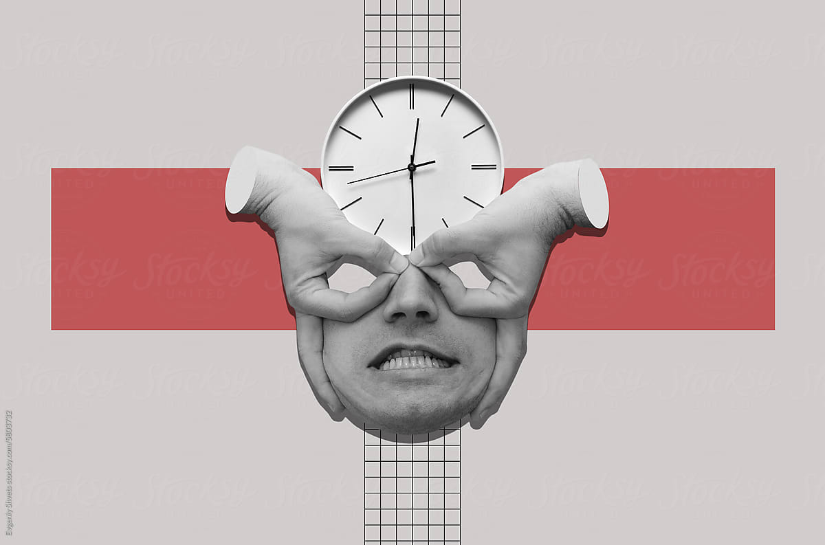 Collage with male head and clock