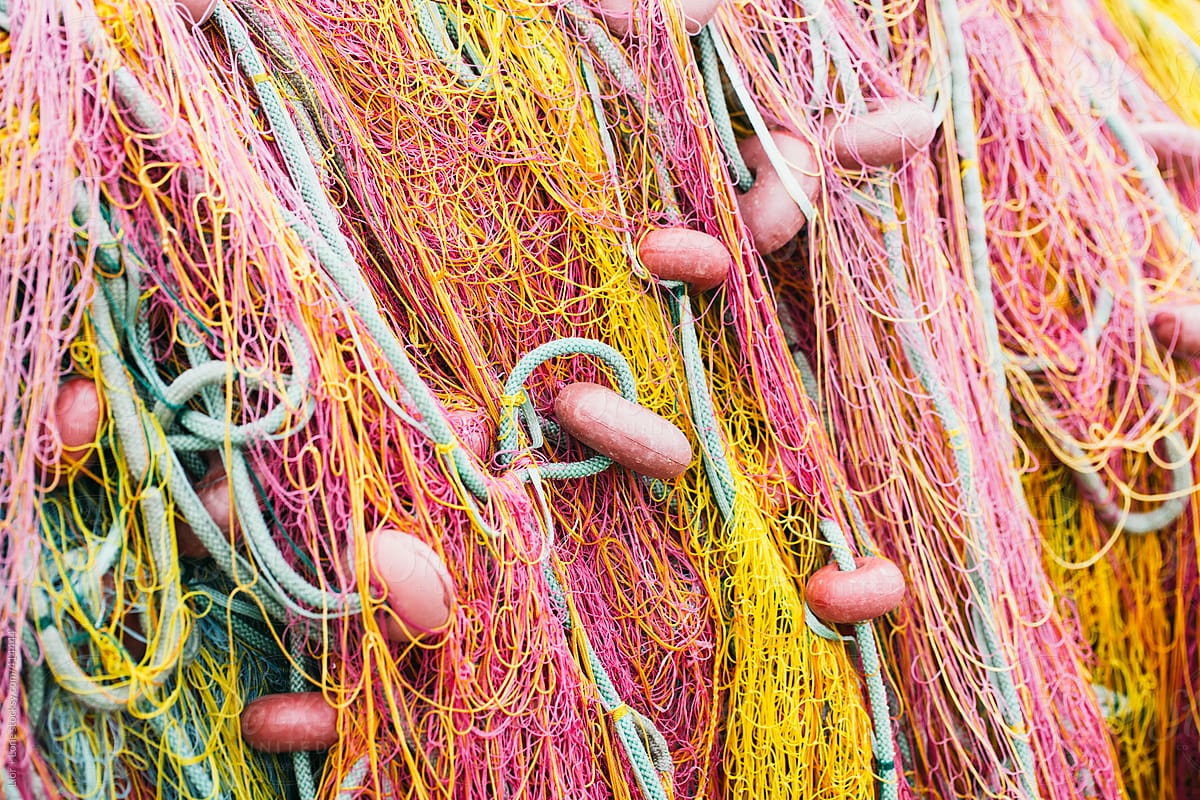 Colourful fishing net in a big pile