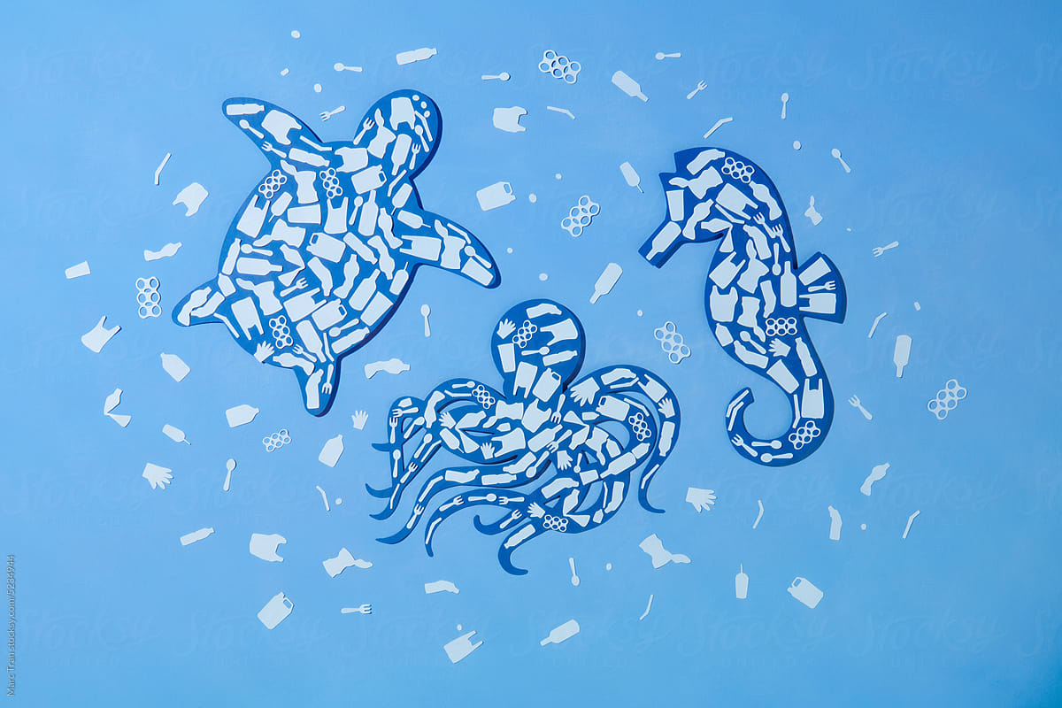 Marine outline filled with plastic trash flat icons.