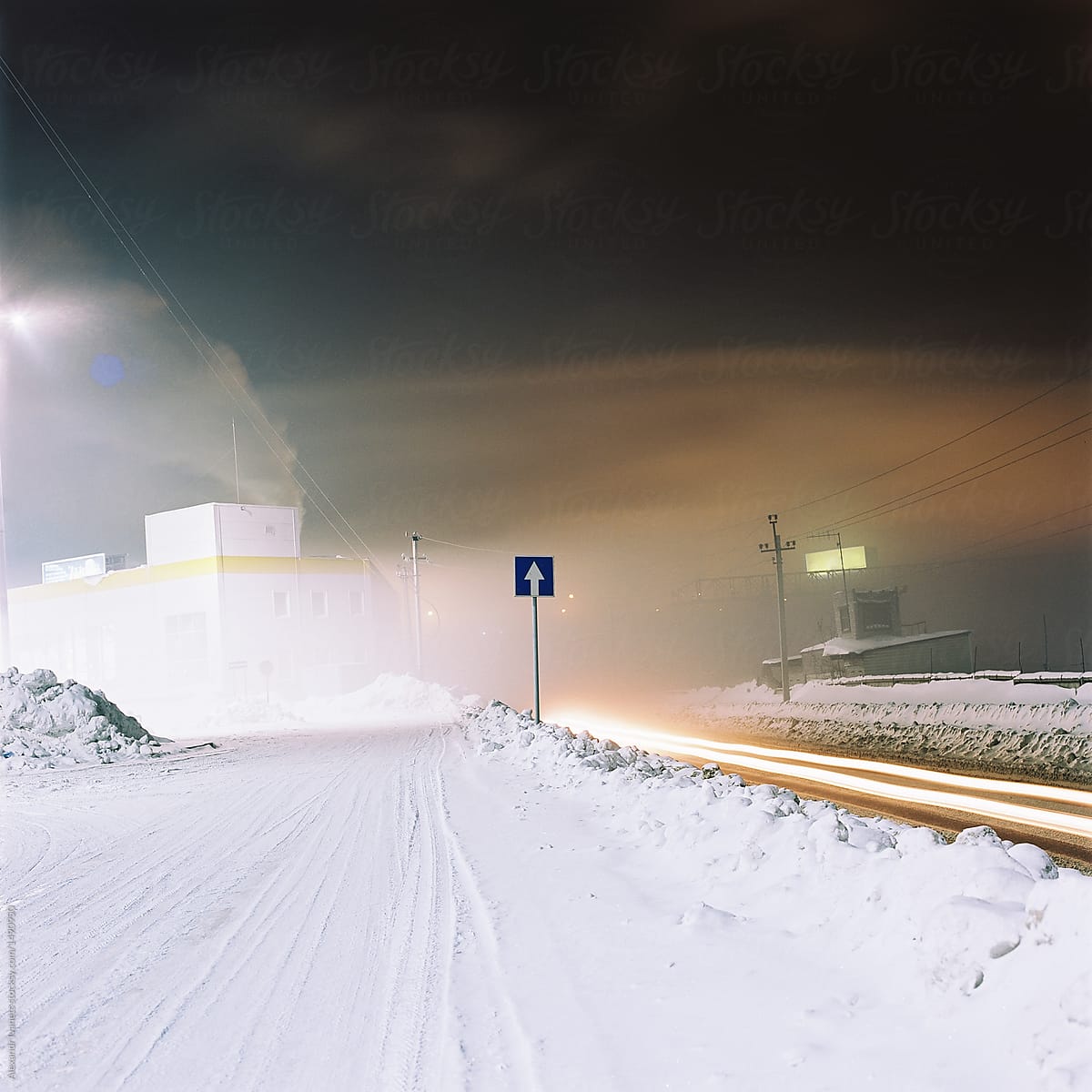 Roadside in snow in nighttime