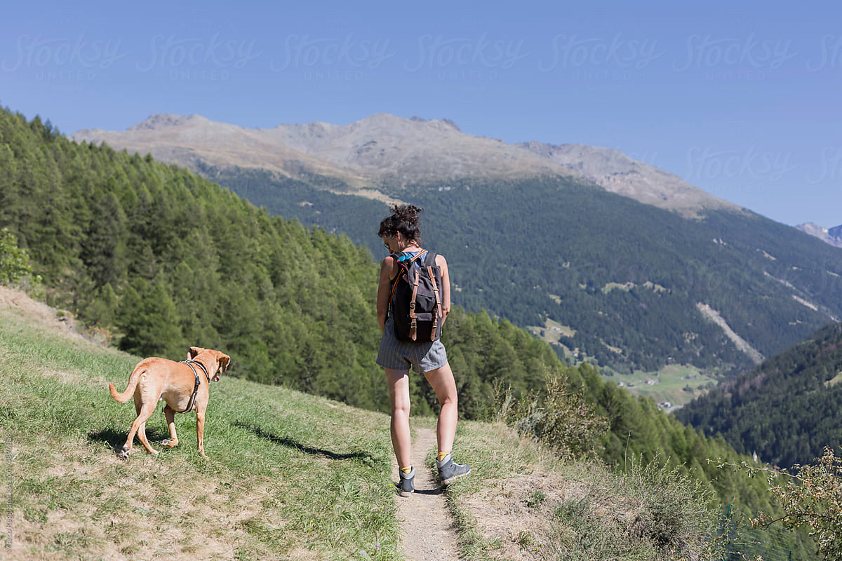 hiker girl with dog on mountain pathway
