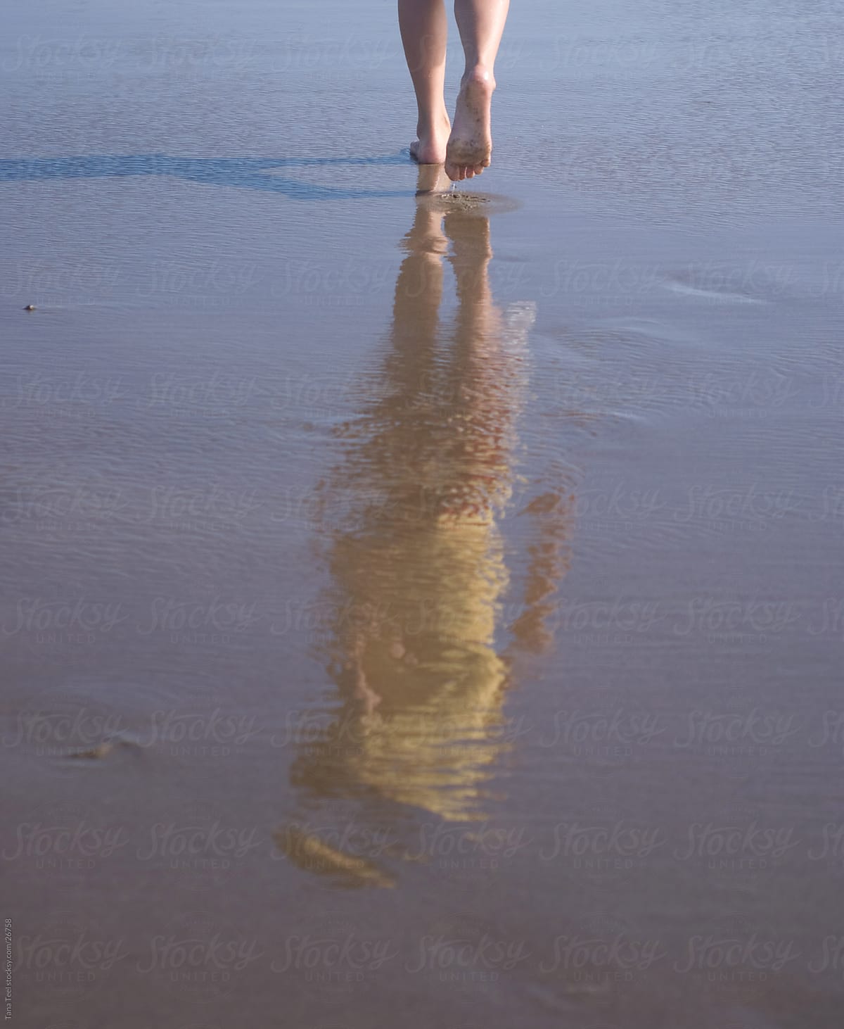 The reflection of a young girl walking along the ocean beach