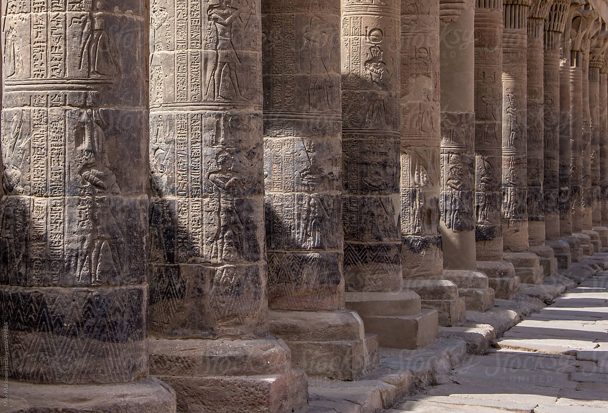 A row of columns from a temple in ancient Egypt.