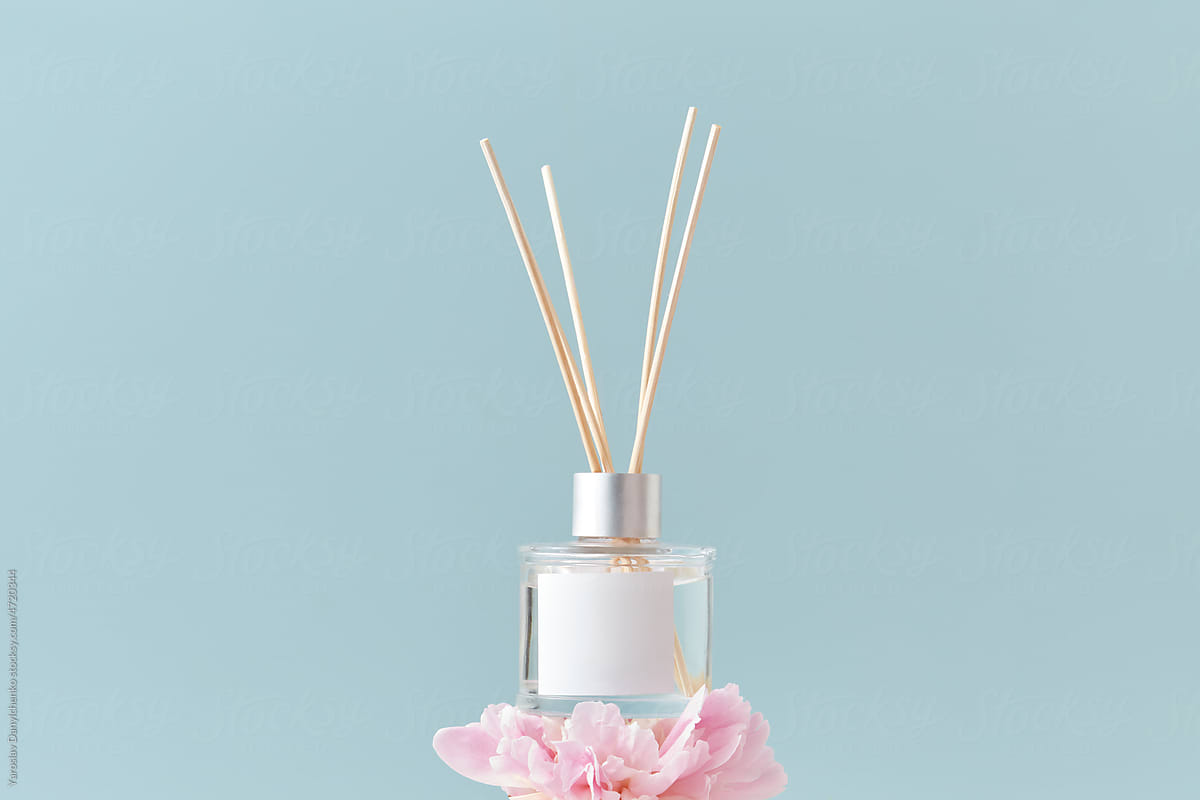 Interior design with aroma diffuser and beautiful peony flower.