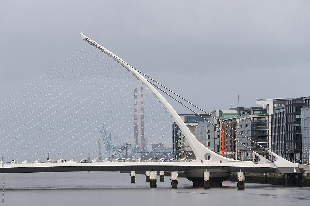 Rainy Day in Dublin, Ireland - City Skyline with Samuel Beckett Bridge