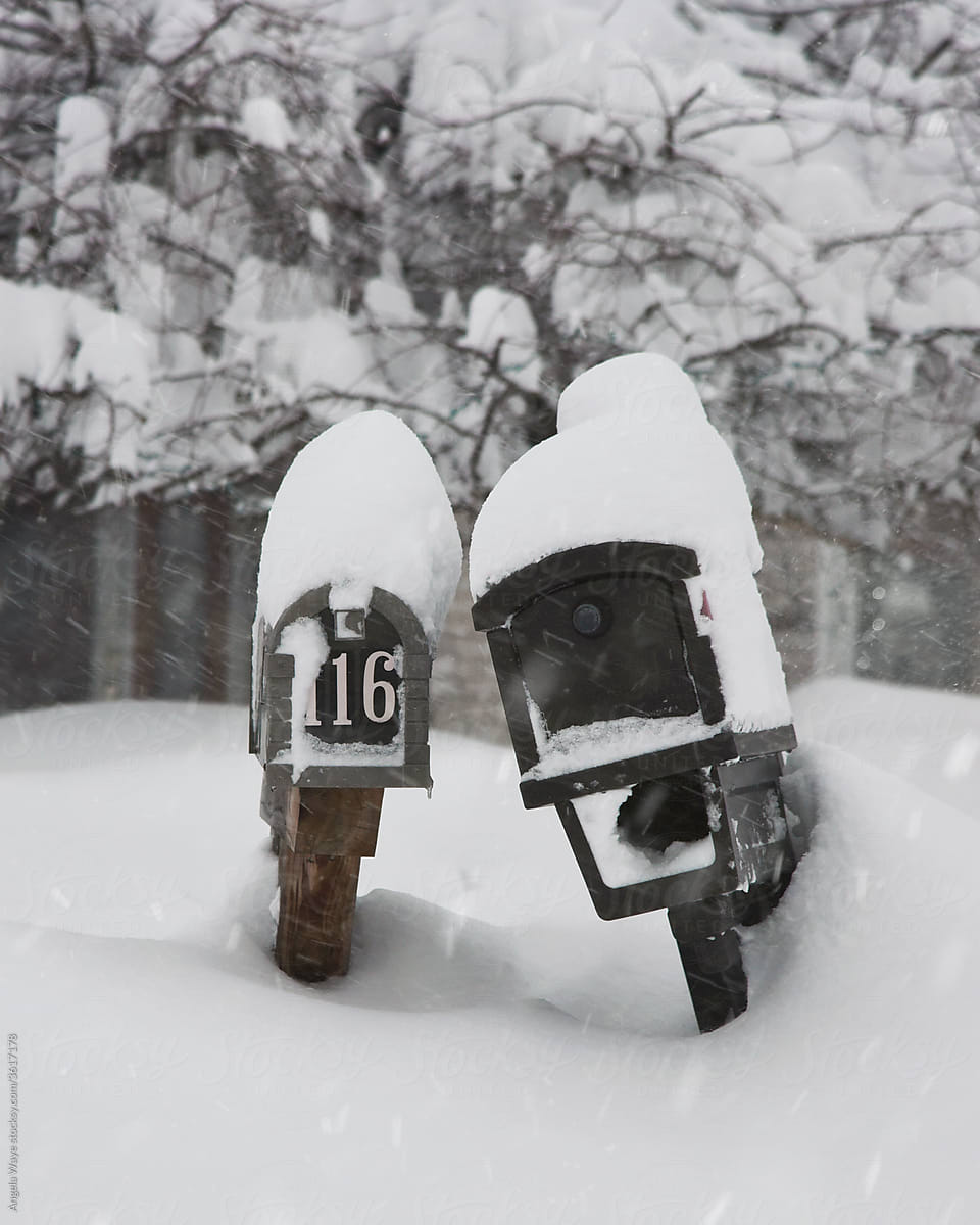 Mailboxes Covered with Snow During Snow Storm