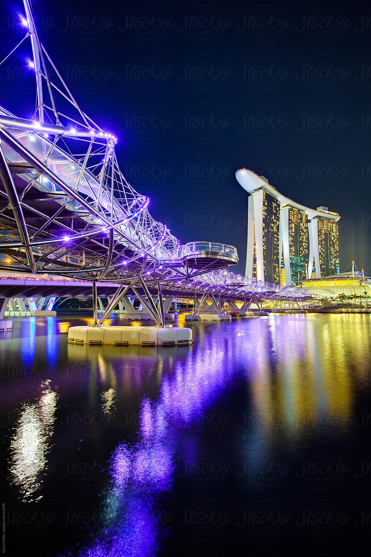 South East Asia, Singapore, the Helix bridge leading across Marina Bay to the Marina Bay Sands hotel