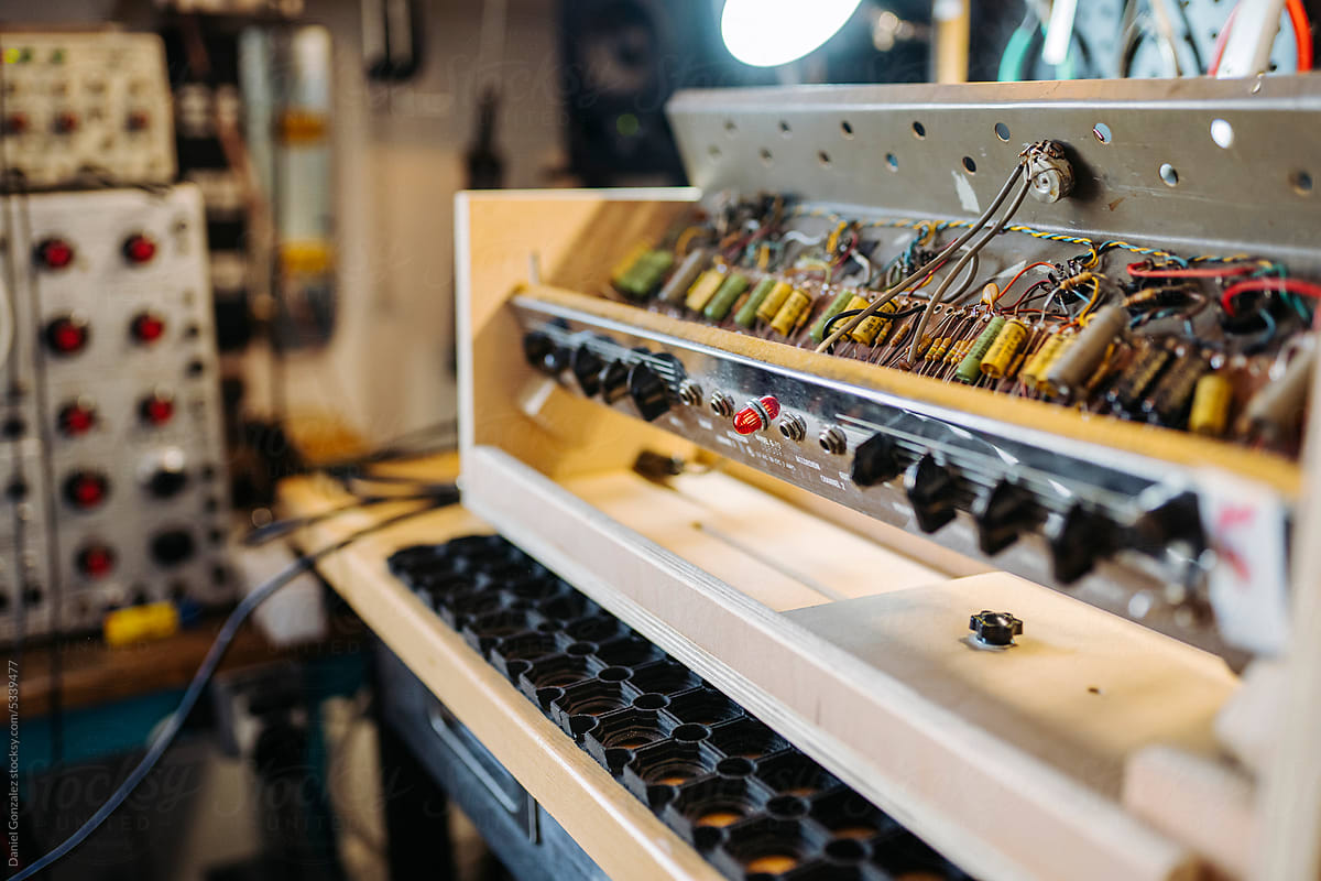 Set of professional sound equipment in workshop