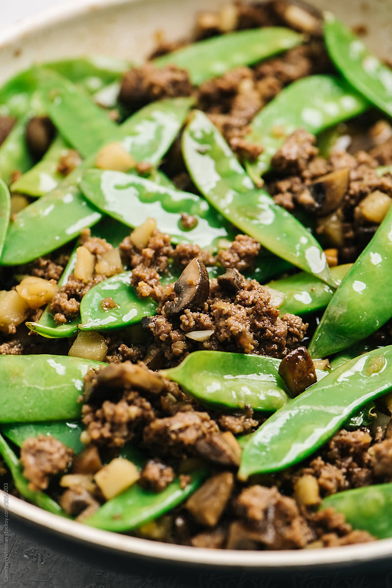 Asian inspired ground beef recipe in a white skilet