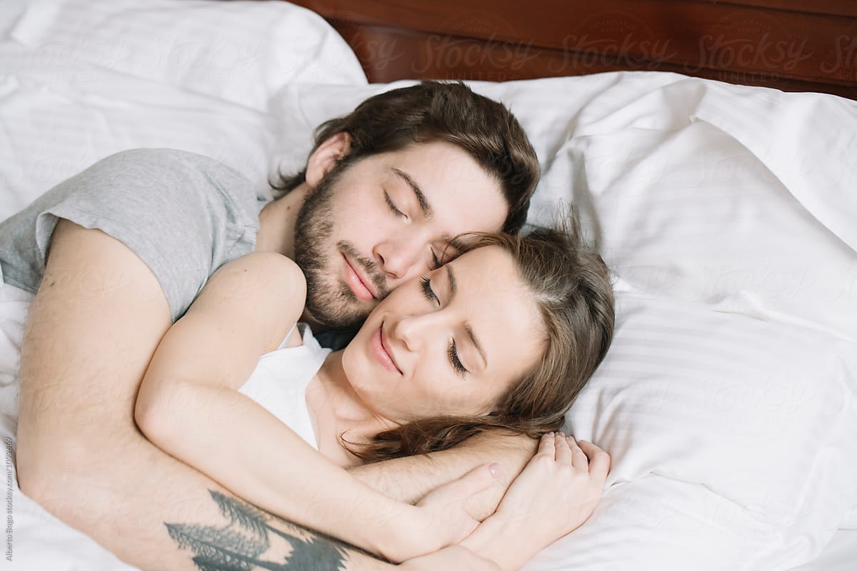Couple Sleeping Hugging On Pillow By Alberto Bogo Couple