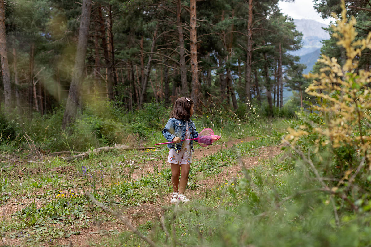 Joyful Little Girl Playing With Butterfly Net In meadow