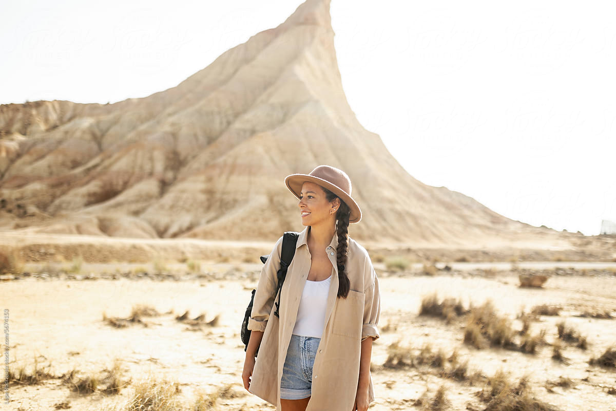 young woman traveler in the desert of bardenasreales