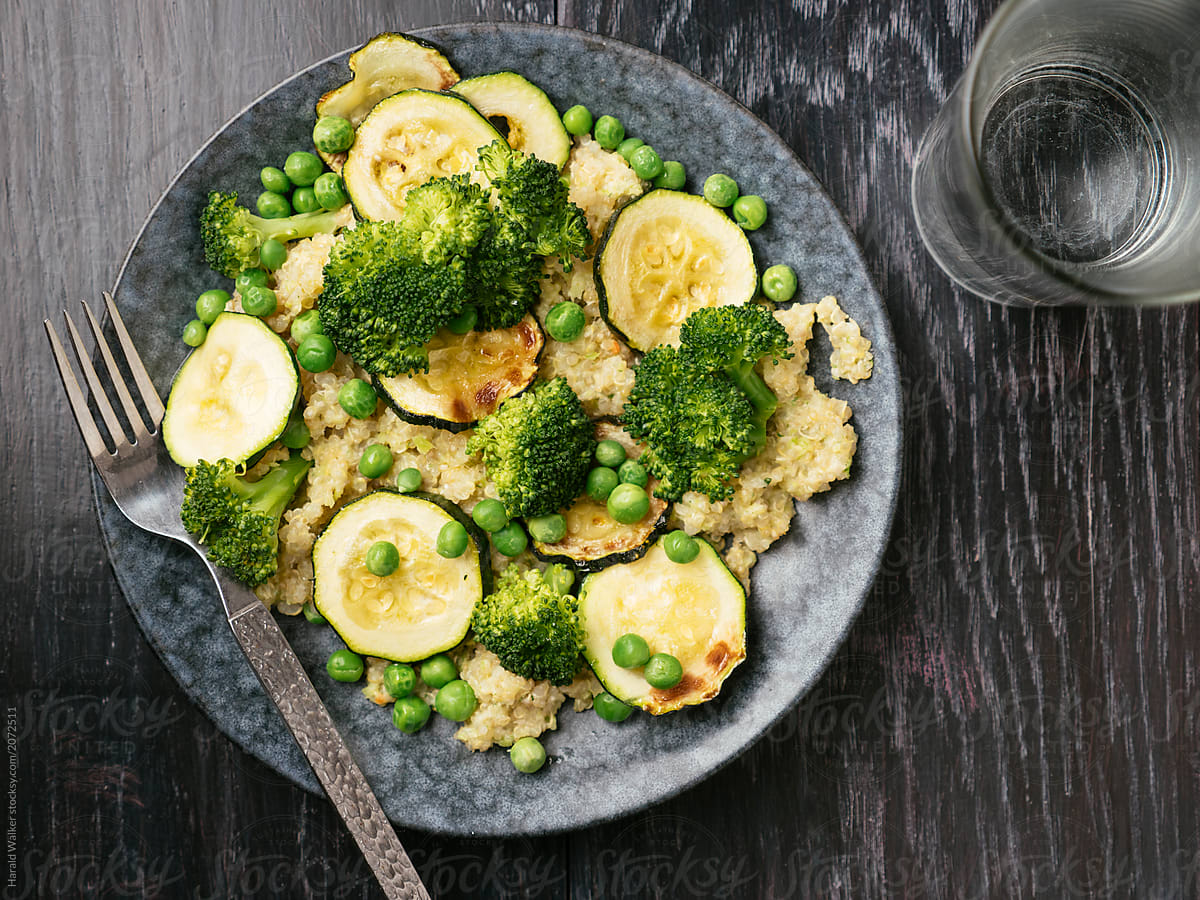 Quinoa with roasted zucchini, peas and broccoli