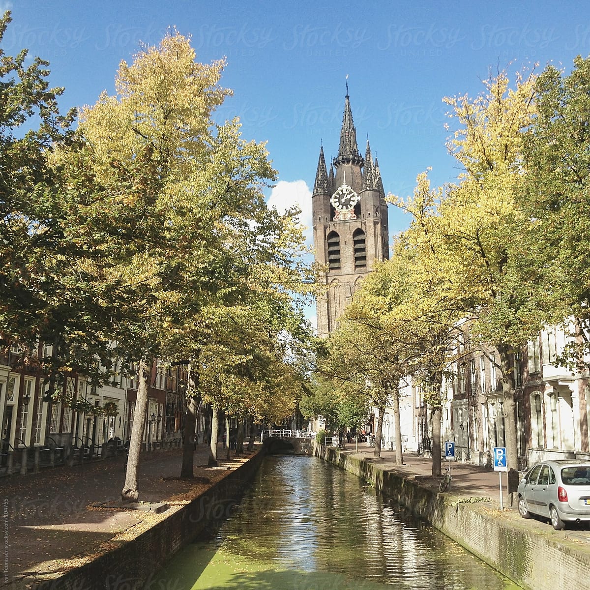 Old church and canal in Delft
