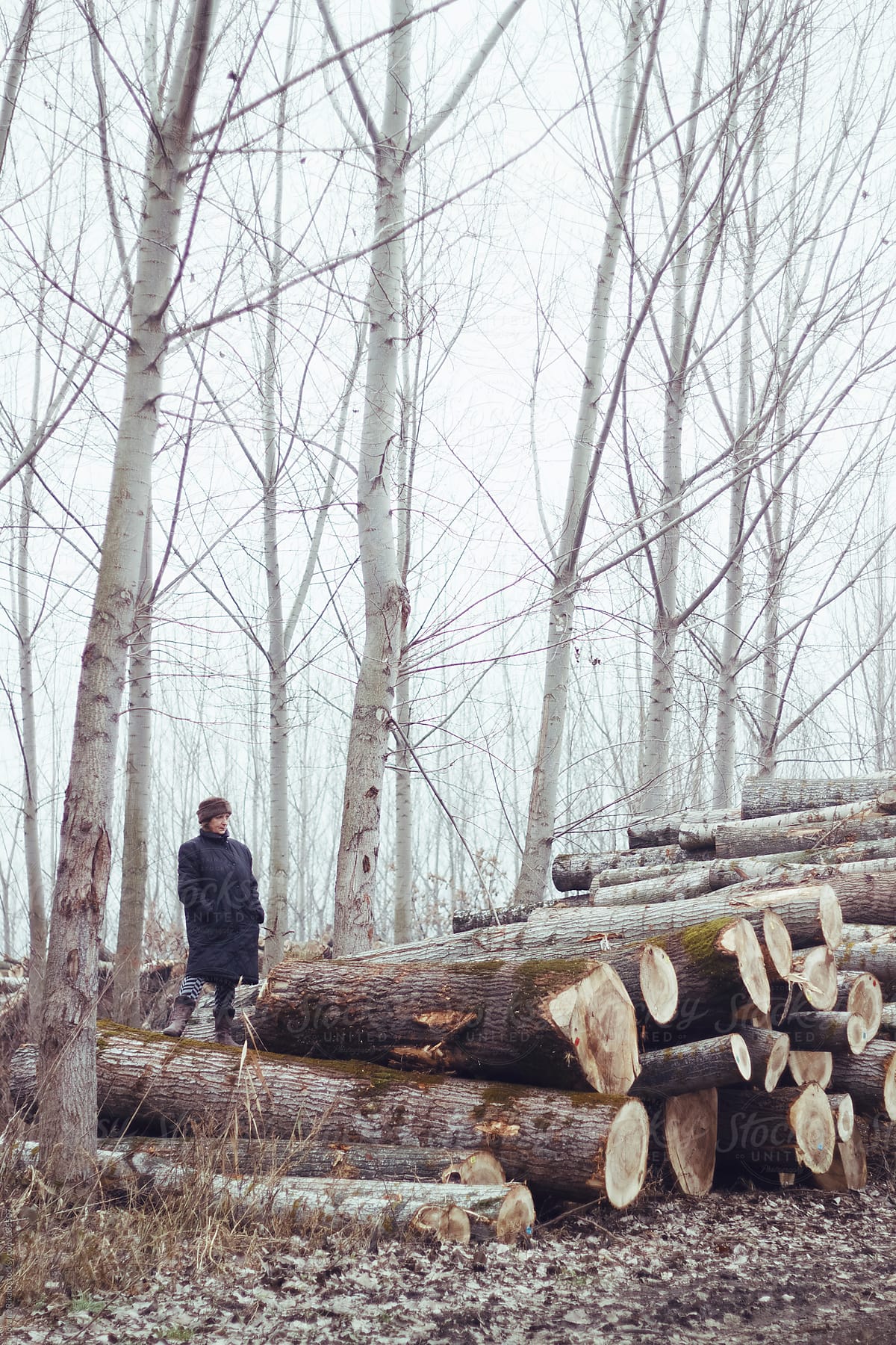 Mature woman standing on a woodpiles in the forest